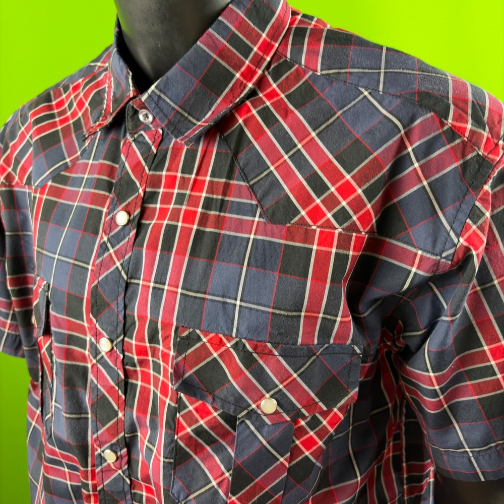 Coevals Club Mens XL Red Navy Plaid Pearl Snap Western Shirt Short Sleeve Cowboy